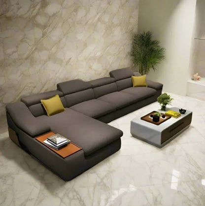كنبة حرف L - خشب زان - قماش كتان - بني - 340×200×90 سم