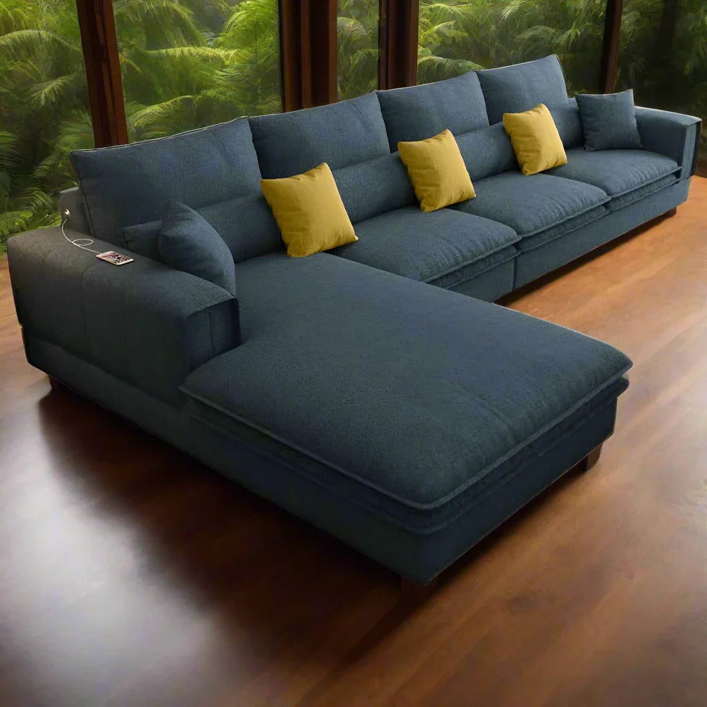Sofa L Shape - Beech Wood - Linen Fabric - Blue - 320x200x90 cm - Cataloug