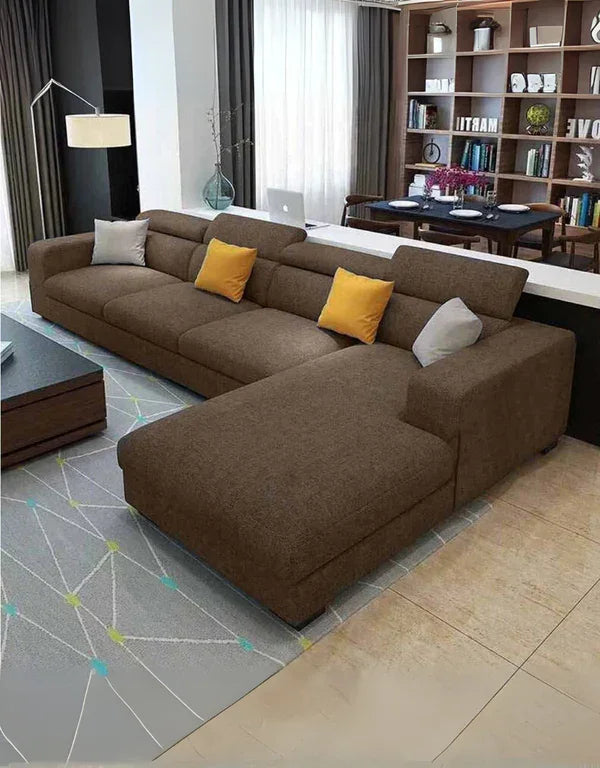 Sofa L Shape - Beech Wood - Linen Fabric - Brown - 320x200x90 cm - Cataloug