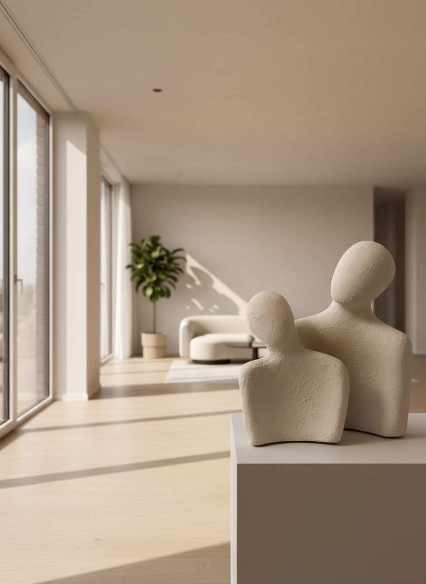 Two beige abstract sculptures on a light surface with a neutral background