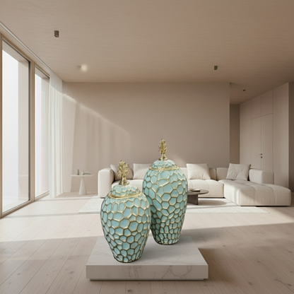 Two decorative vases with mosaic patterns and gold accents on a white background