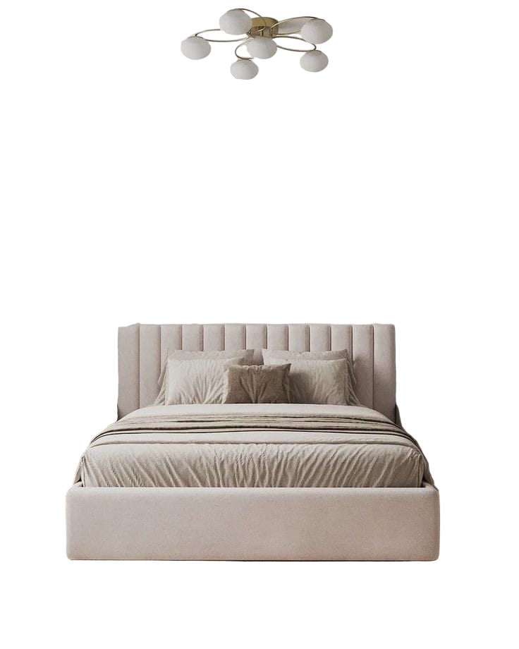 Modern bedroom with a bed, nightstands, and wall art