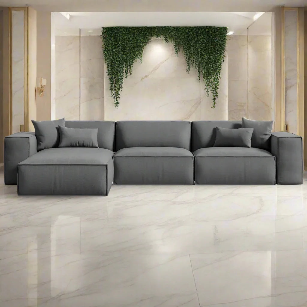 كنبه حرف L - خشب زان - قماش كتان - رمادي - 280x180x90x75 سم