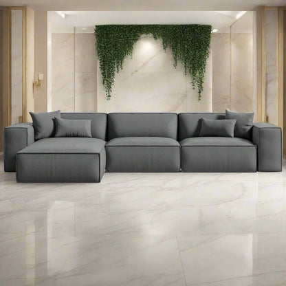 كنبه حرف L - خشب زان - قماش كتان - رمادي - 280x180x90x75 سم