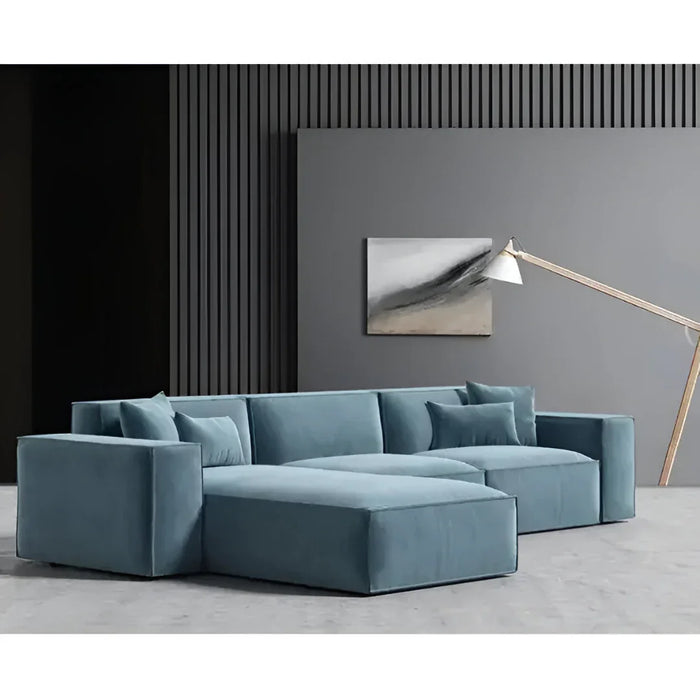 Sofa L Shape - Beech Wood - Linen Fabric - Blue- 280x180x90x75 cm - Cataloug