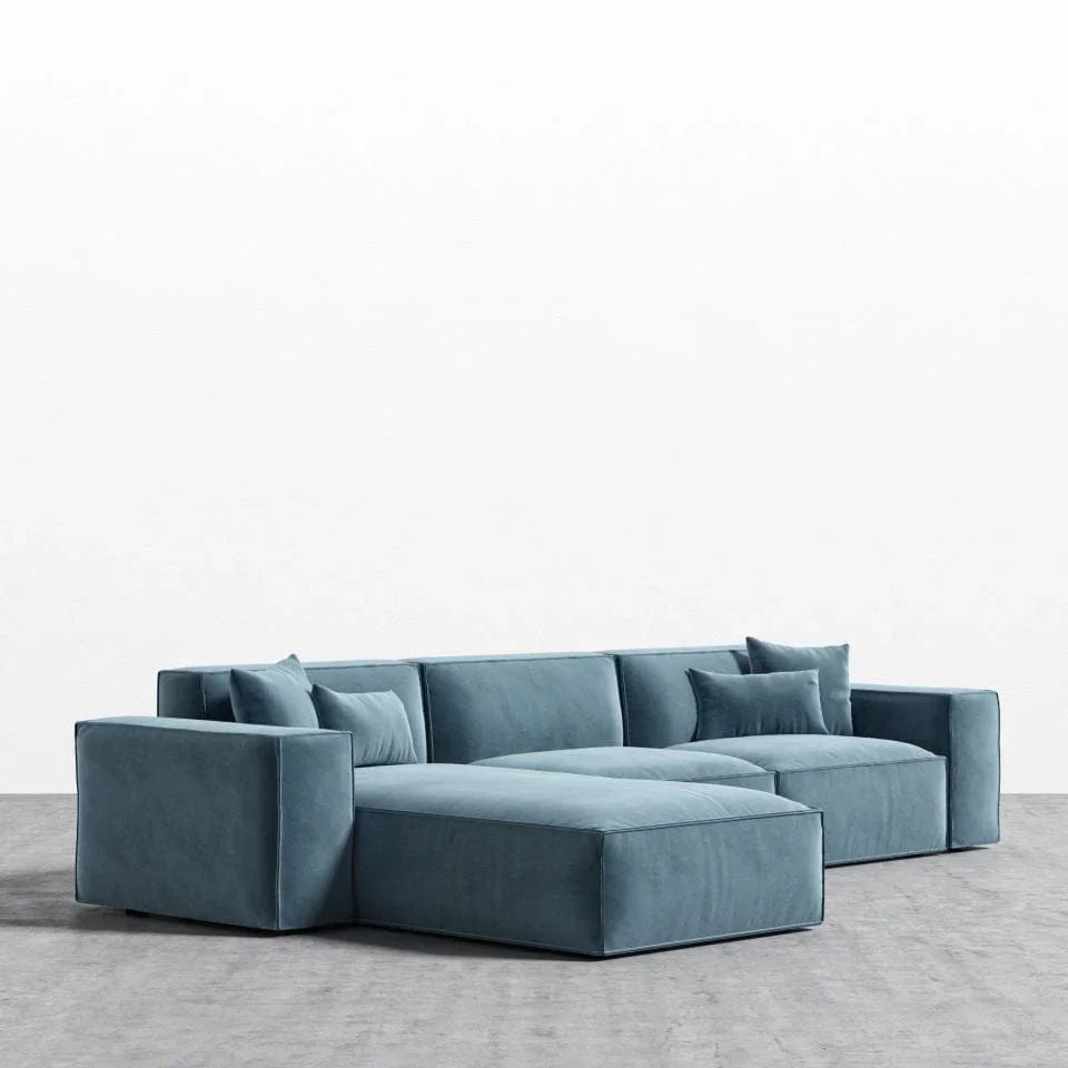 Sofa L Shape - Beech Wood - Linen Fabric - Blue- 280x180x90x75 cm - Cataloug