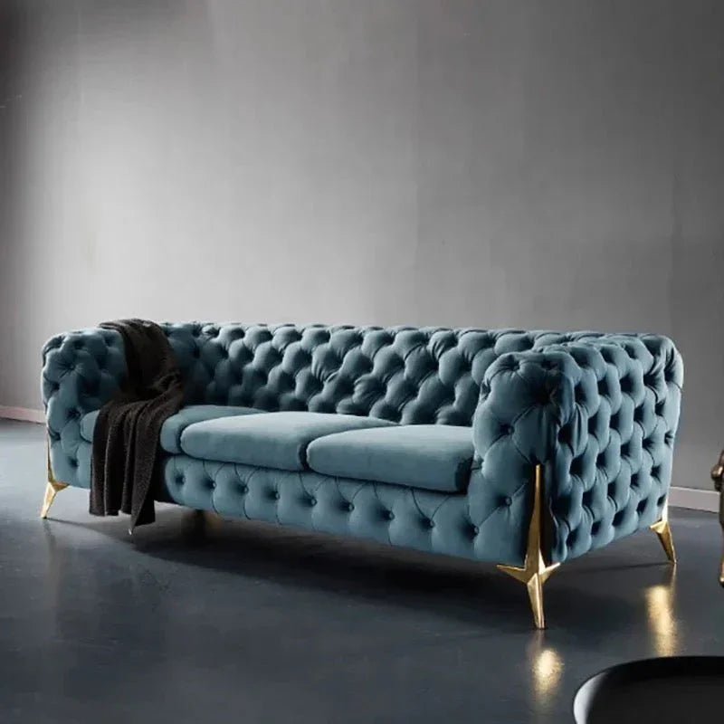 3 Seat Sofa - Beech Wood - Velvet Fabric - Blue- 240x90x75 cm - Cataloug