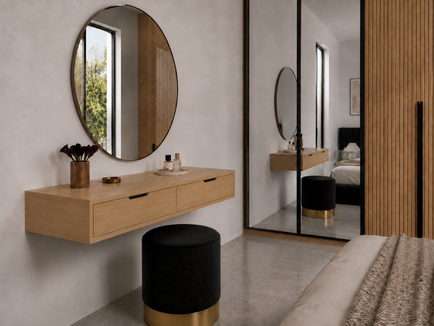 Full Bedroom  - MDF Wood - Beige - Reflective Glass