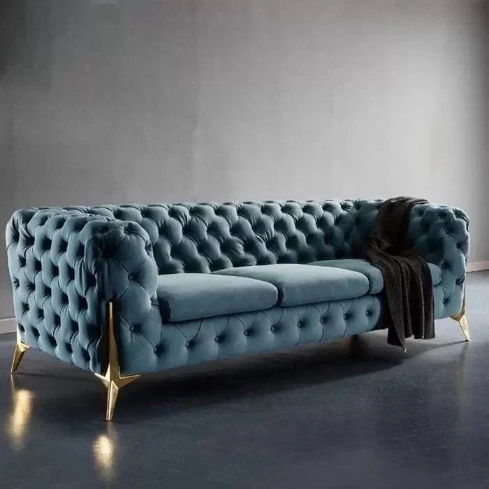 3 Seat Sofa - Beech Wood - Velvet Fabric - Blue- 240x90x75 cm - Cataloug