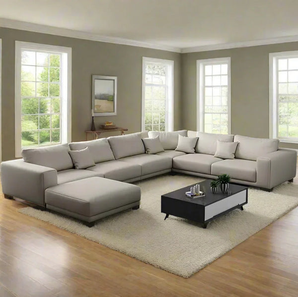 Sofa U Shape - Beech Wood - Linen Fabric - Beige - 350x250x180x90x75 cm - Cataloug