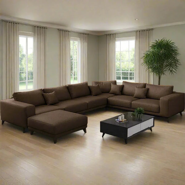 Sofa U Shape - Beech Wood - Linen Fabric - Brown - 350x250x180x90x75 cm - Cataloug