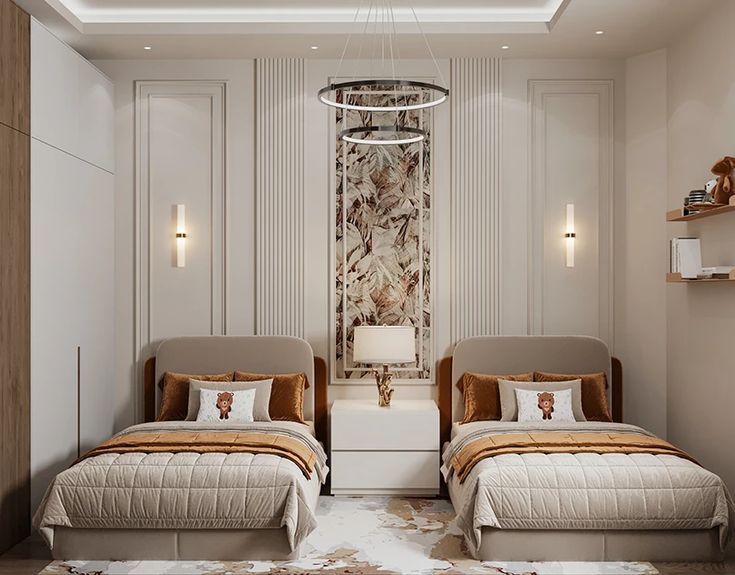 Modern bedroom with two beds, nightstands, and decorative elements.