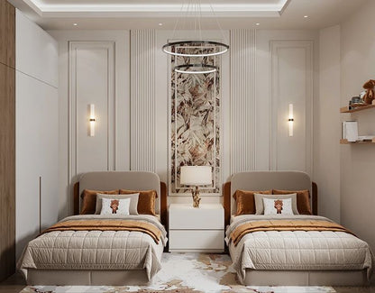 Modern bedroom with two beds, nightstands, and decorative elements.