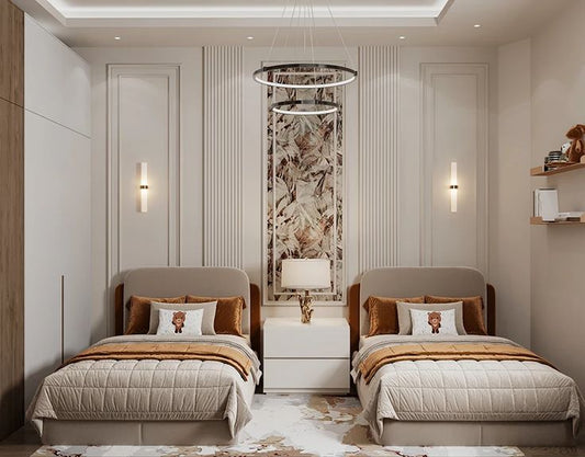 Modern bedroom with two beds, nightstands, and decorative elements.