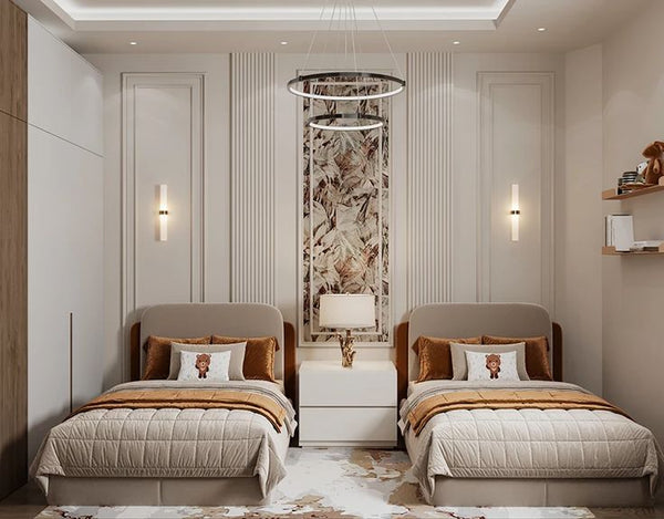 Modern bedroom with two beds, nightstands, and decorative elements.