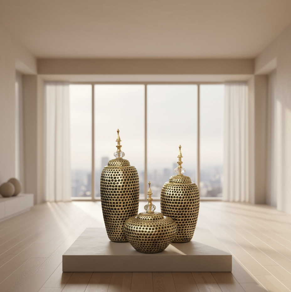 Three decorative brass vases with perforated designs and gold lids on a reflective surface.
