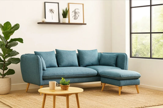 Sofa & Pouf - Beech Wood - Linen Fabric - Blue - 200x85x60x60 cm - Cataloug