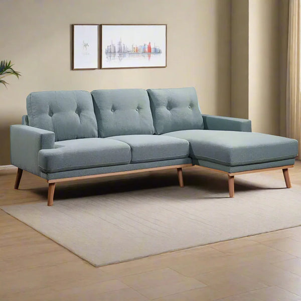 Sofa L Shape - Beech Wood - Linen Fabric - Blue - 240x170x90x75 cm - Cataloug