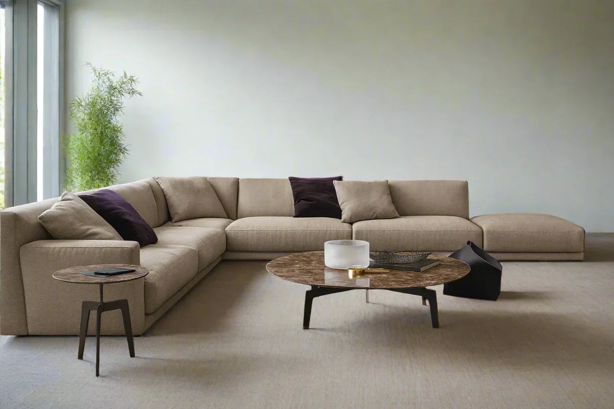 Sofa L Shape - Beech Wood - Linen Fabric - Beige - 350x250x90x75 cm - Cataloug