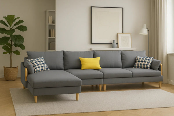 Sofa L Shape - Beech Wood - Linen Fabric - Grey - 350x180x90x75 cm - Cataloug