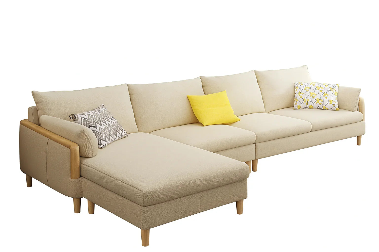 Sofa L Shape - Beech Wood - Linen Fabric - Beige - 350x180x90x75 cm - Cataloug