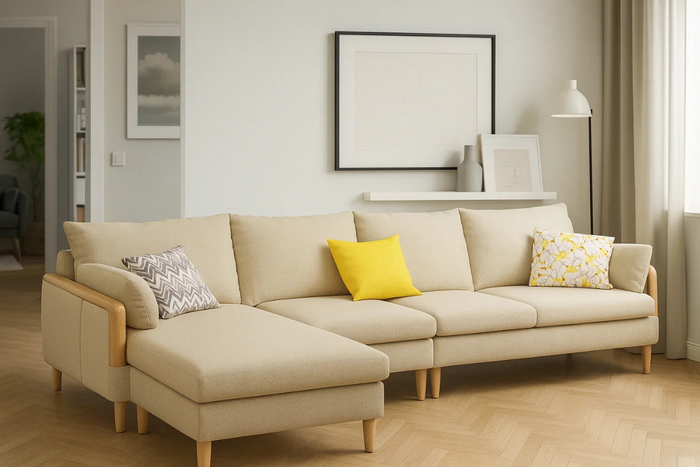 Sofa L Shape - Beech Wood - Linen Fabric - Beige - 350x180x90x75 cm - Cataloug