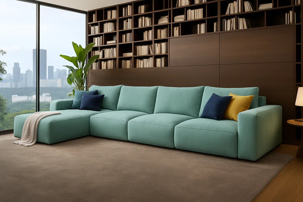 Sofa L Shape - Beech Wood - Linen Fabric - Green - 350x180x90x75 cm - Cataloug