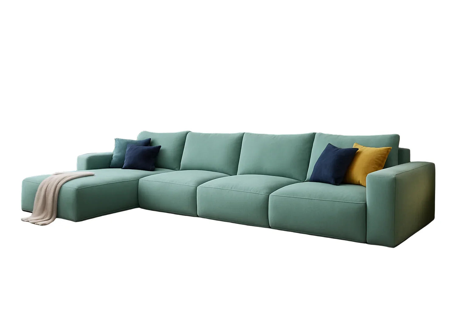 Sofa L Shape - Beech Wood - Linen Fabric - Green - 350x180x90x75 cm - Cataloug