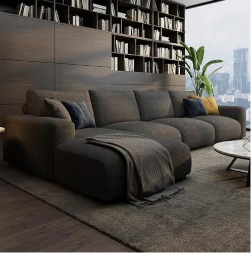 Sofa L Shape - Beech Wood - Linen Fabric - Brown - 350x180x90x75 cm - Cataloug