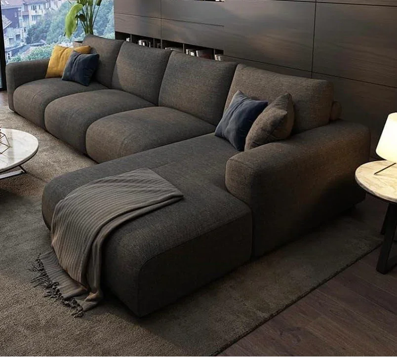 Sofa L Shape - Beech Wood - Linen Fabric - Brown - 350x180x90x75 cm - Cataloug