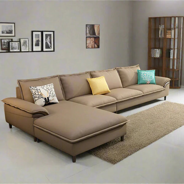 Sofa L Shape - Beech Wood - Linen Fabric - Beige - 350x180x90x75 cm - Cataloug