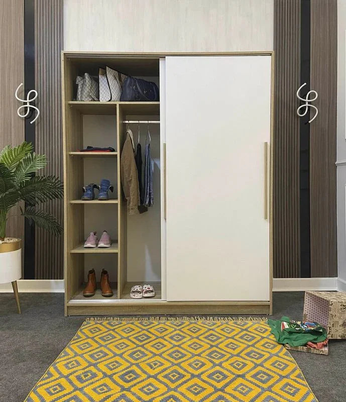 Wardrobe - MDF Wood - White & Beige - 160x60x200 cm - Cataloug