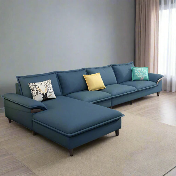 Sofa L Shape - Beech Wood - Linen Fabric - Blue - 350x180x90x75 cm - Cataloug