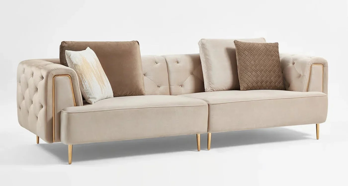 Sofa - Beech Wood - Velvet Fabric - Beige - 240x90x75 cm - Cataloug