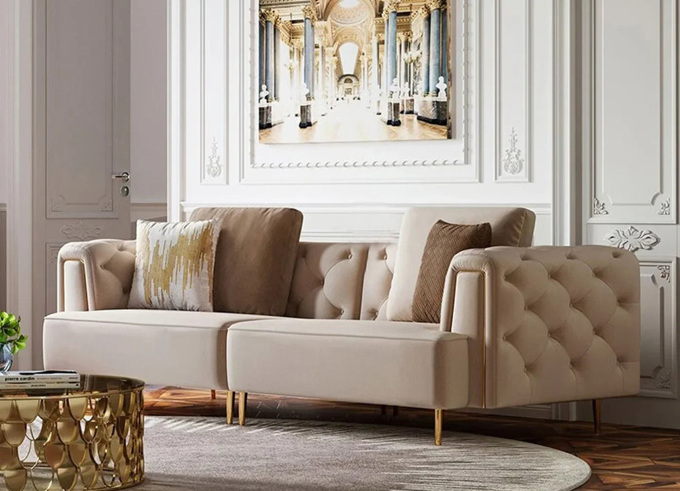 Sofa - Beech Wood - Velvet Fabric - Beige - 240x90x75 cm - Cataloug