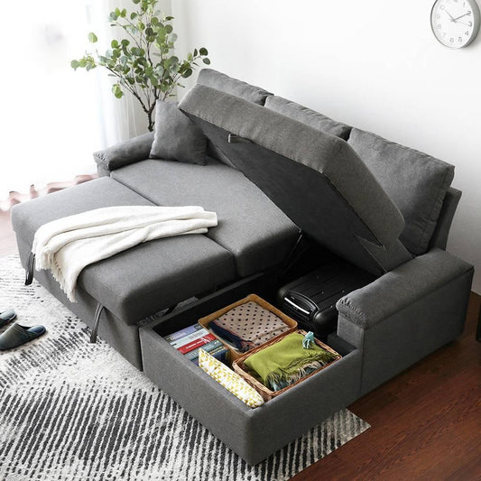 Storage Sofa - Beech Wood - Linen - Dark Grey - 240x160x90x75 cm - Cataloug