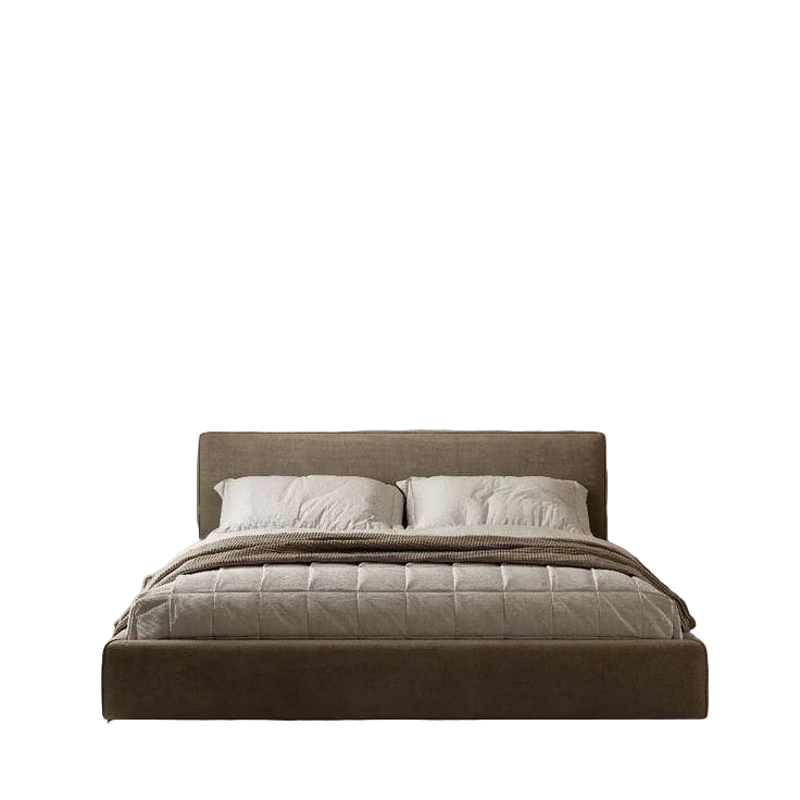 Modern bedroom with a bed, wall art, and side tables.