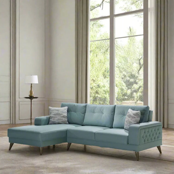 Sofa L Shape - Beech Wood - Linen Fabric - Blue - 240x170x90x75 cm - Cataloug