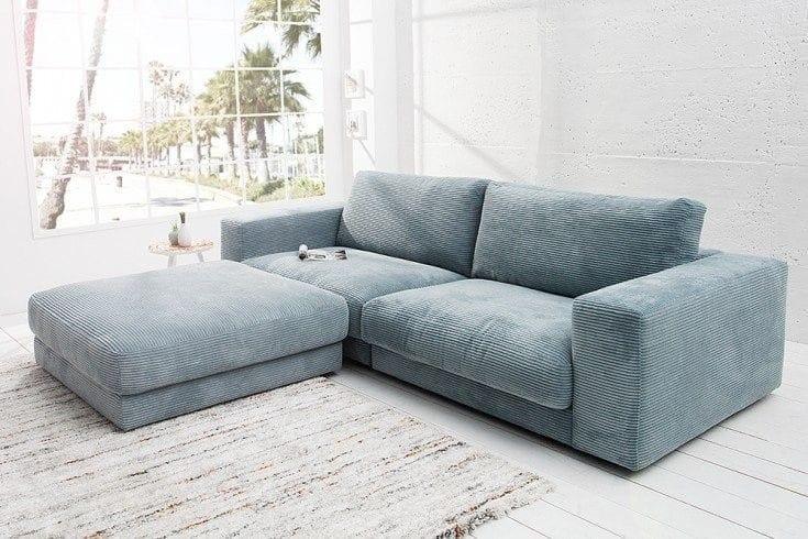 Sofa L Shape - Beech Wood - Linen Fabric - Blue - 240x180x90x75 cm - Cataloug