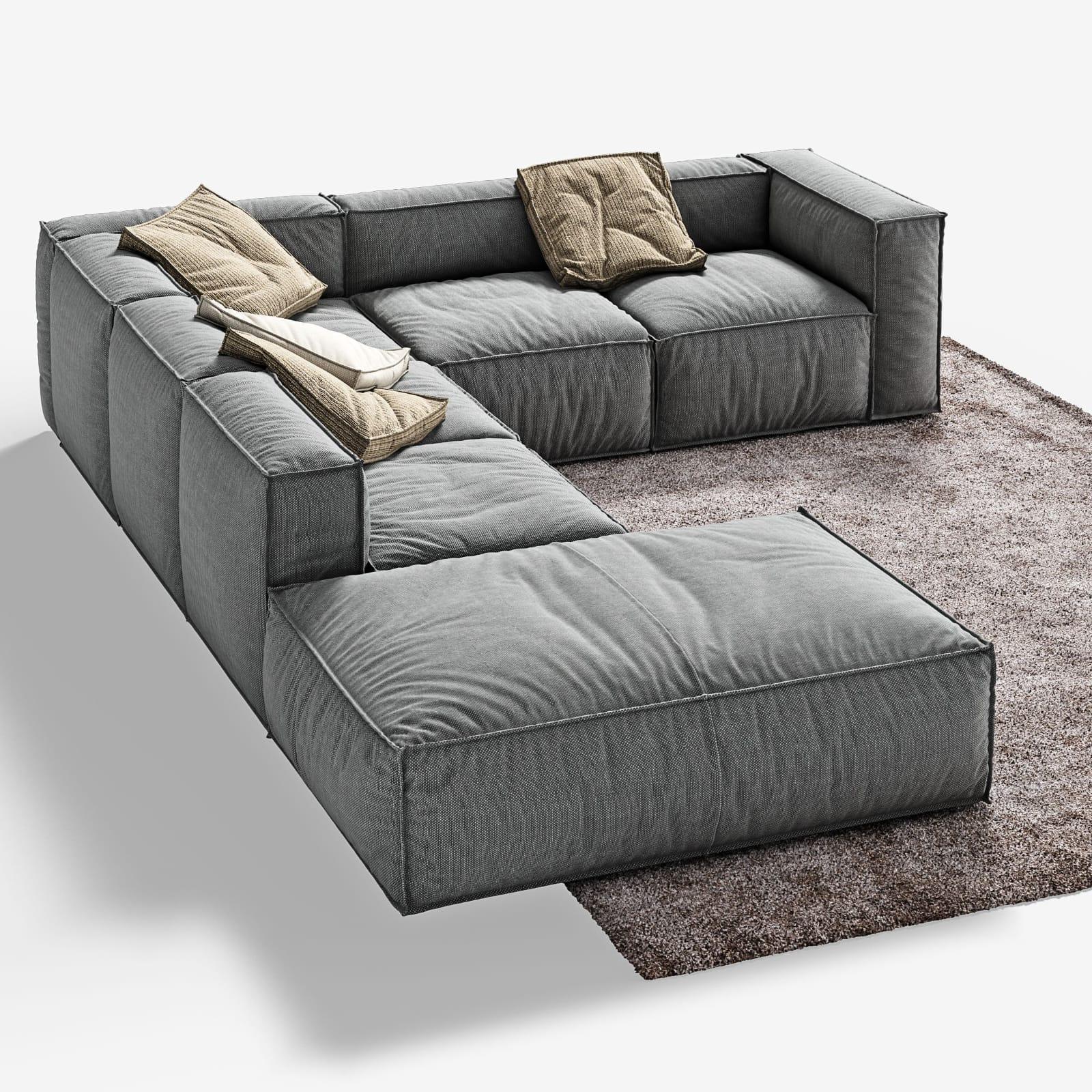 Sofa L Shape - Beech Wood - Linen Fabric - Grey - 250x230x85x75 cm - Cataloug