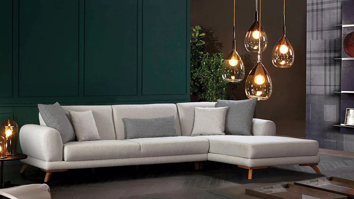 Sofa L Shape - Beech Wood - Linen Fabric - Beige - 240x170x90x75 cm - Cataloug