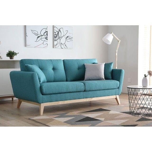 Sofa - Beech Wood - Linen Fabric - Blue - 200x90x75 cm - Cataloug
