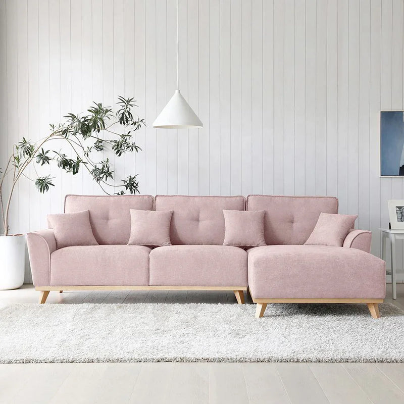 Sofa L Shape - Beech Wood - Linen Fabric - Pink - 280x180x90x75 cm - Cataloug