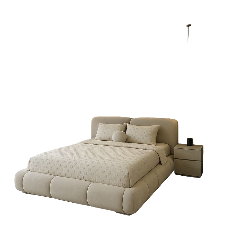 Modern bedroom with a large bed, nightstands, and decorative elements.