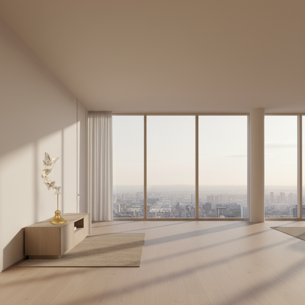 Modern room with large windows offering a cityscape view.