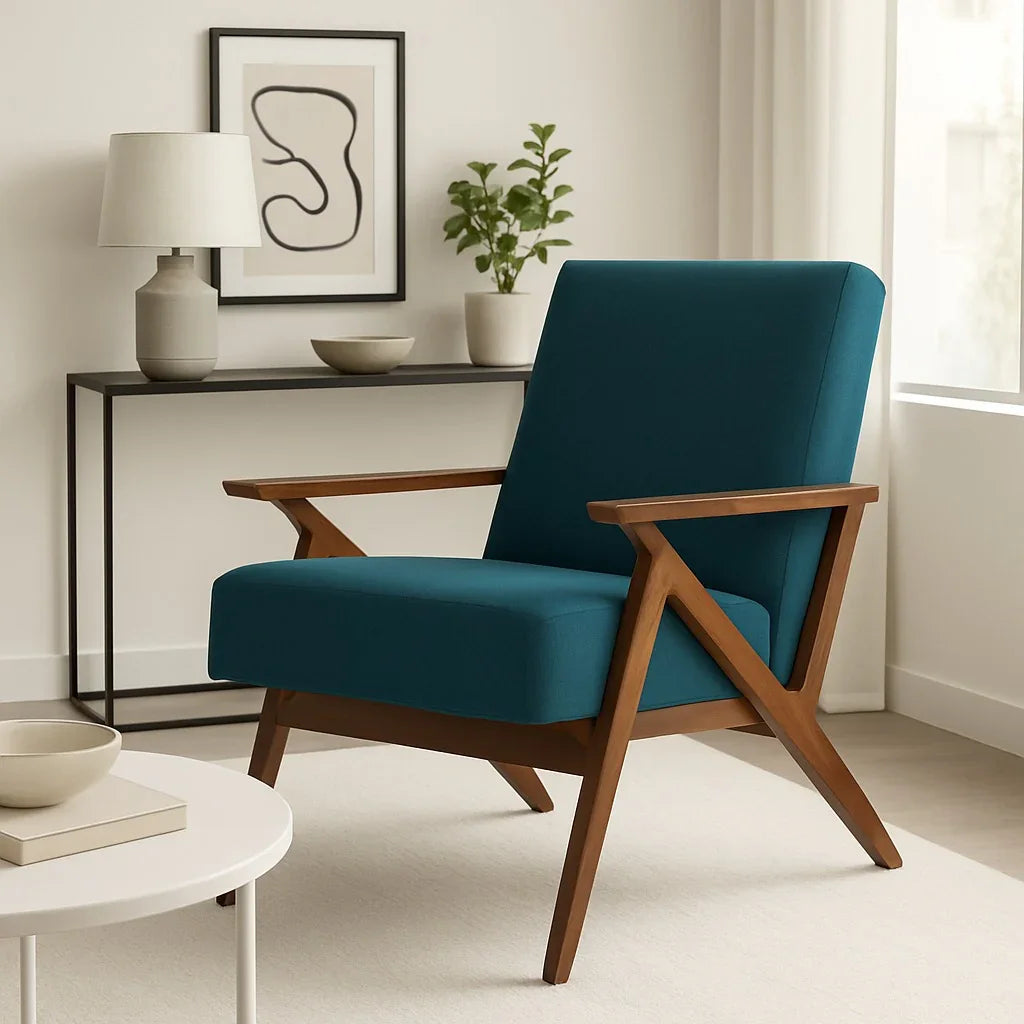 Arm Chair - Oak Wood - Linen Fabric - Blue - 80x80x90cm - Cataloug