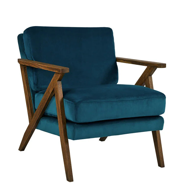 Arm Chair - Oak Wood - Linen Fabric - Blue - 80x80x90cm - Cataloug