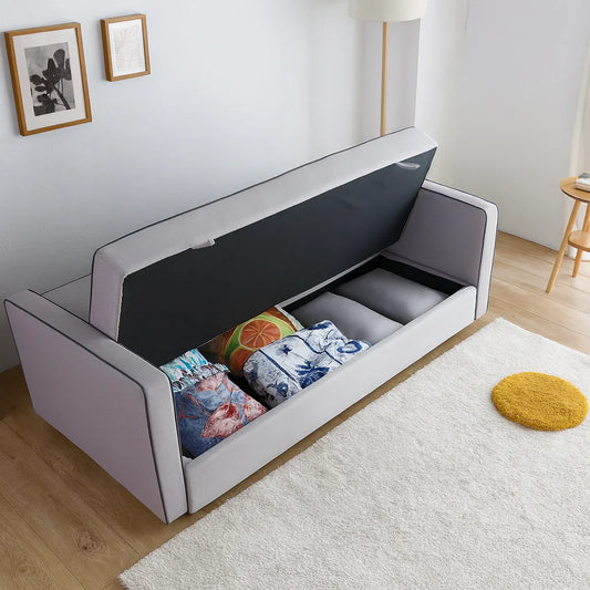 Sofa Storage - Beech Wood - Linen Fabric - Grey - 220×90×75 cm - Cataloug