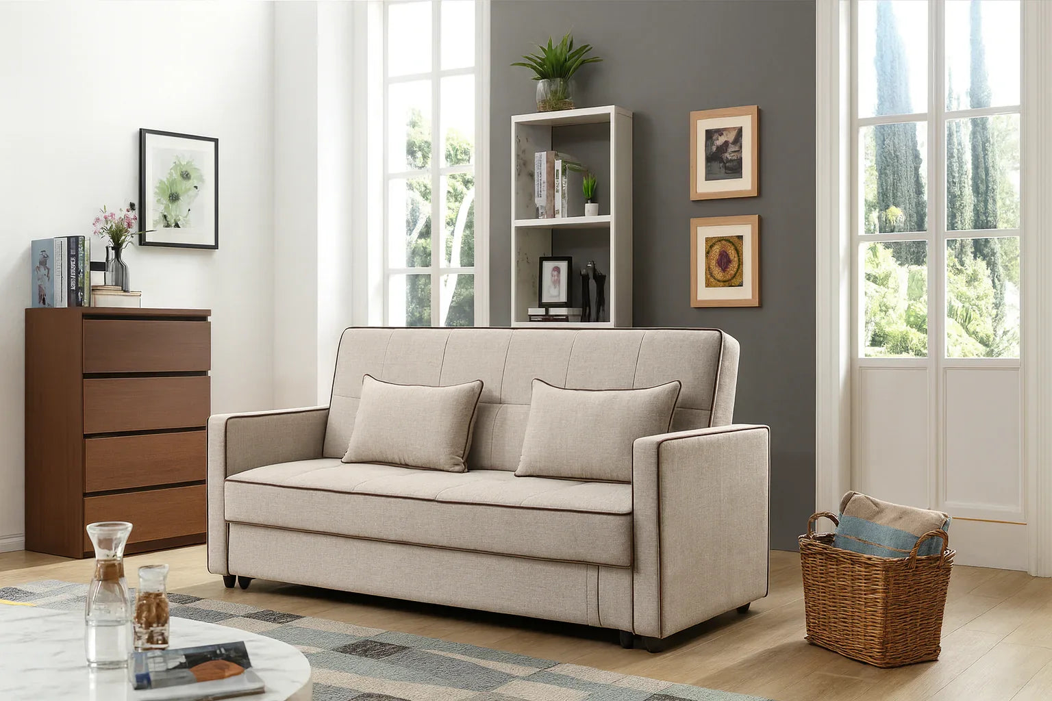 Sofa Storage - Beech Wood - Linen Fabric - Grey - 220x90x75 cm - Cataloug