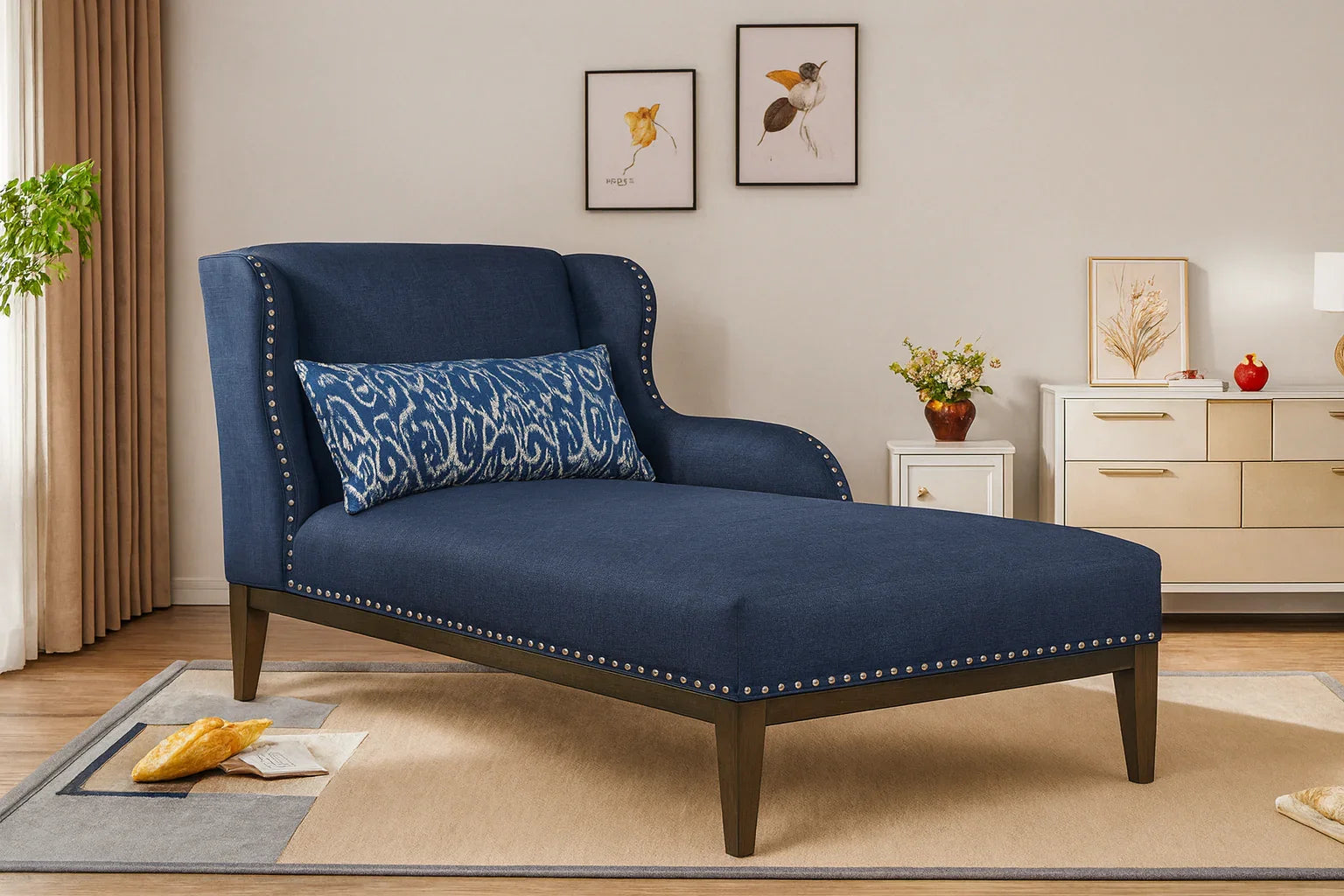 Chaise Lounge - Beech Wood - Linen Fabric - Blue - 160x90x80 cm - Cataloug